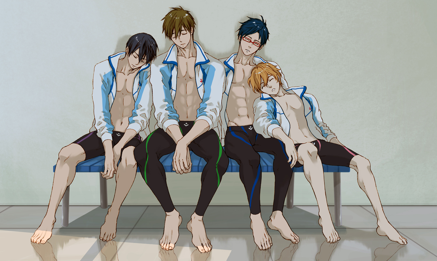 all_male, barefoot, black_hair, blue_hair, brown_hair, free!, glasses, hazuki_nagisa