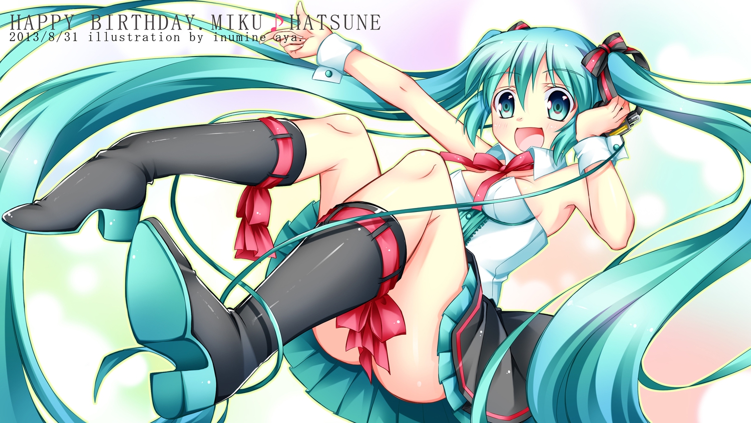 blue_eyes, blue_hair, blush, boots, bow, hatsune_miku, headphones, inumine_aya