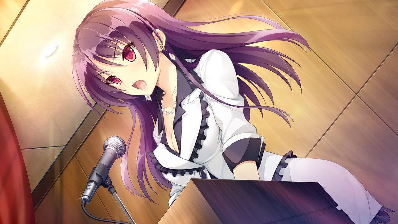 breasts, cleavage, fujita_konomi, game_cg, hearts_(company), koi_saku_miyako_ni_ai_no_yakusoku_wo_~annaffiare~, long_hair, microphone