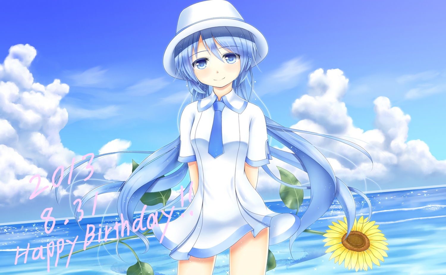 blue_eyes, blue_hair, clouds, flowers, hat, hatsune_miku, leaves, long_hair