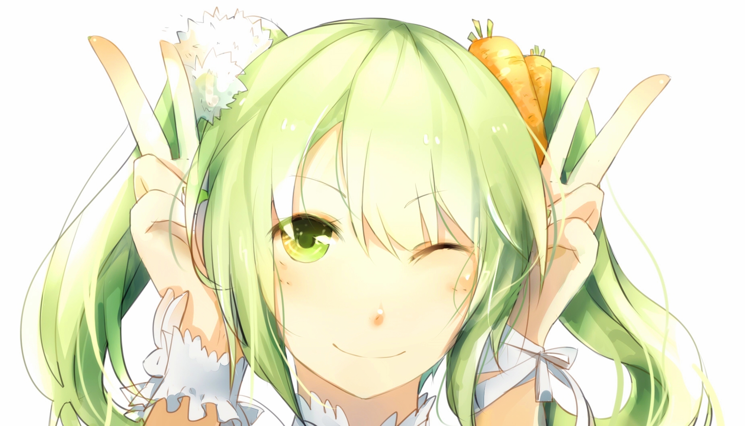 benghuai_7, close, green_eyes, green_hair, hatsune_miku, twintails, vocaloid, wink