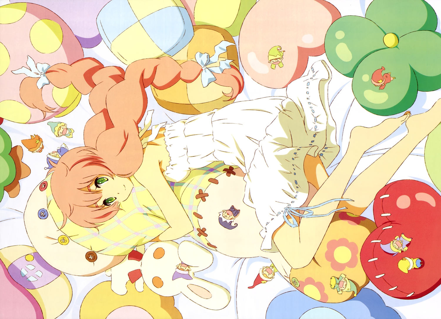 bed, bow, dress, green_eyes, jinrui_wa_suitai_shimashita, long_hair, megami, sakai_kyuuta