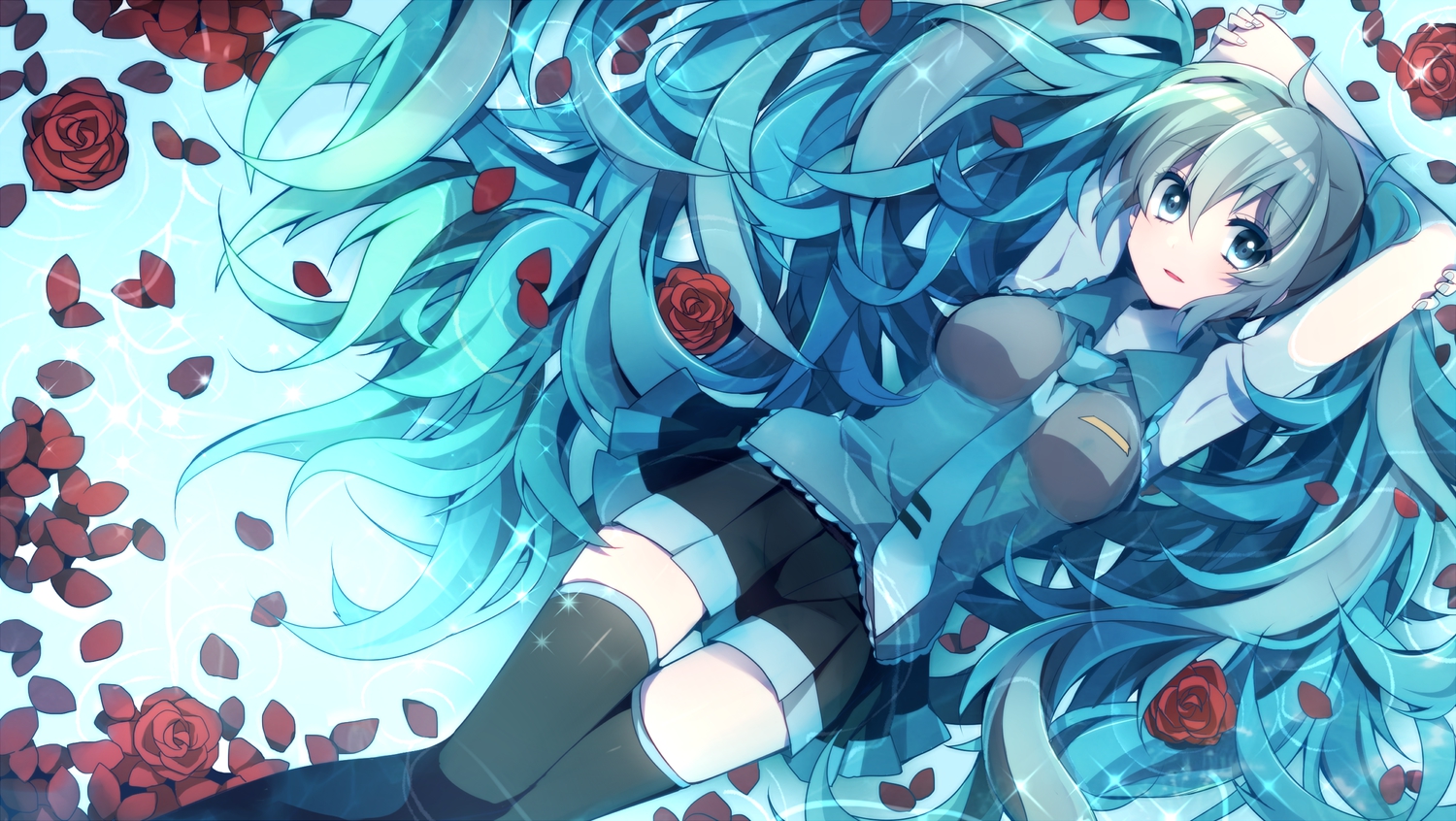 blue_eyes, blue_hair, flowers, hatsune_miku, ichinose_yukino, long_hair, petals, rose