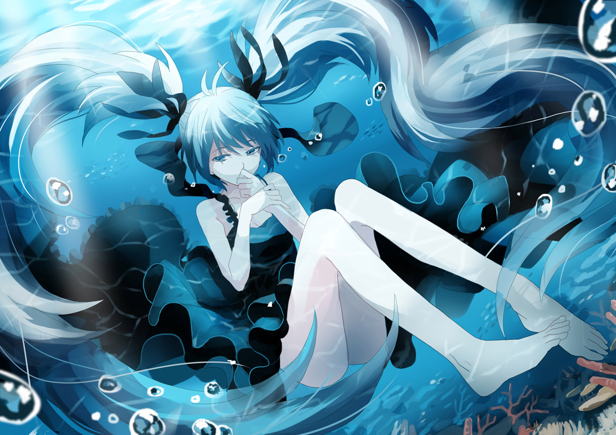 barefoot, blue_eyes, blue_hair, bubbles, deep-sea_girl_(vocaloid), dress, hatsune_miku, long_hair