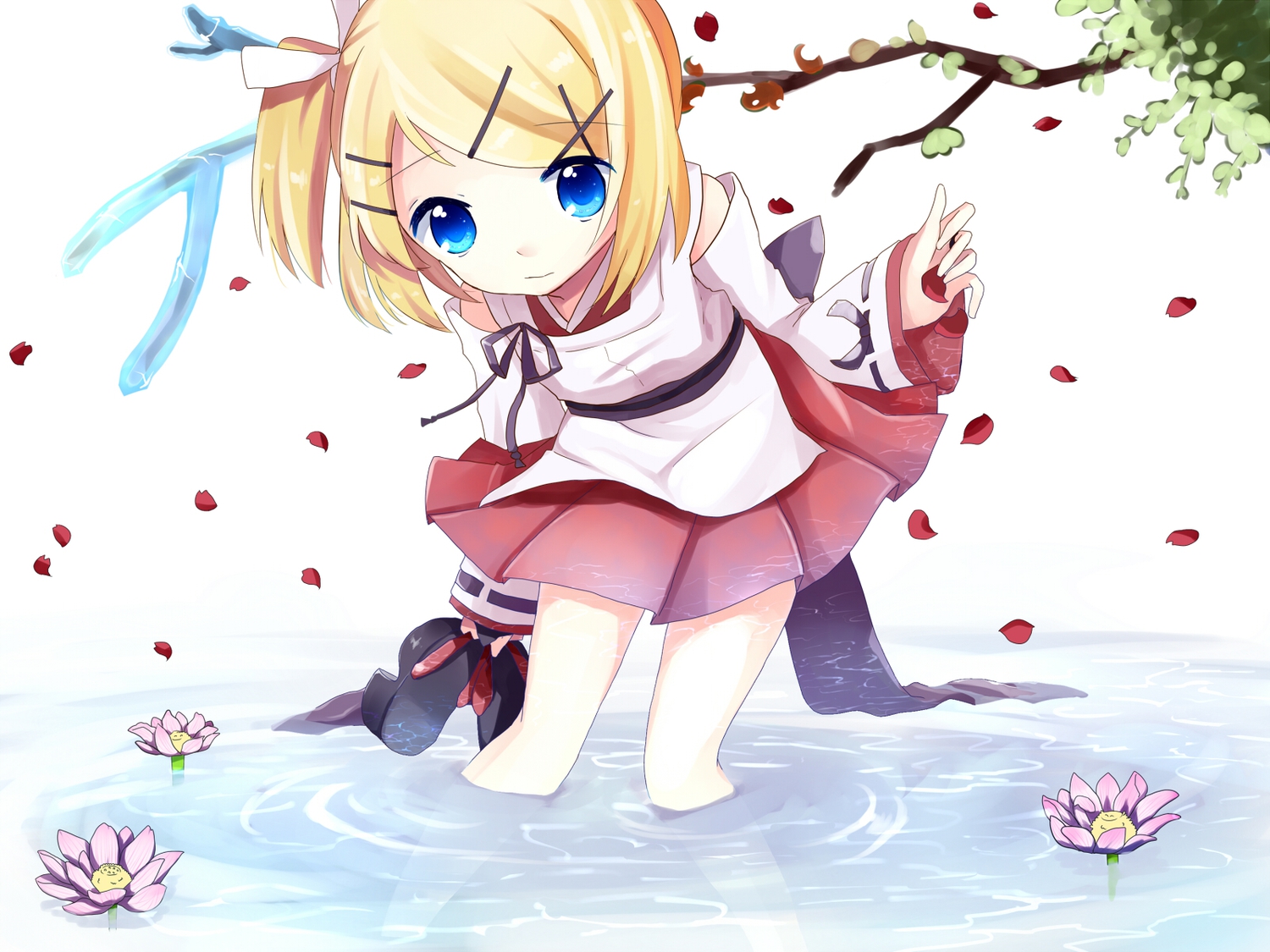 blonde_hair, blue_eyes, flowers, japanese_clothes, kagamine_rin, miko, nashi_rin, petals, ribbons, short_hair, skirt, vocaloid, water