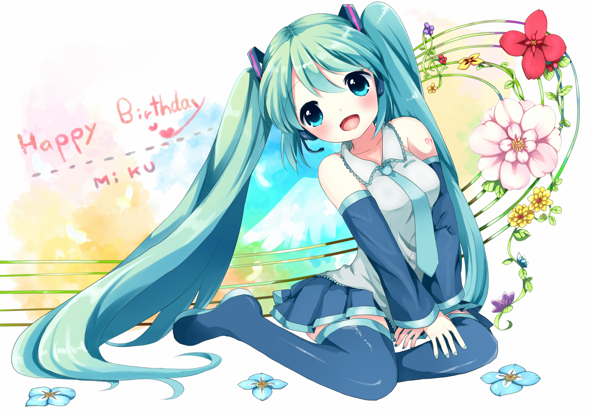 aqua_hair, blue_eyes, flowers, hatsune_miku, headphones, long_hair, nashi_rin, skirt, tattoo, thighhighs, tie, twintails, vocaloid