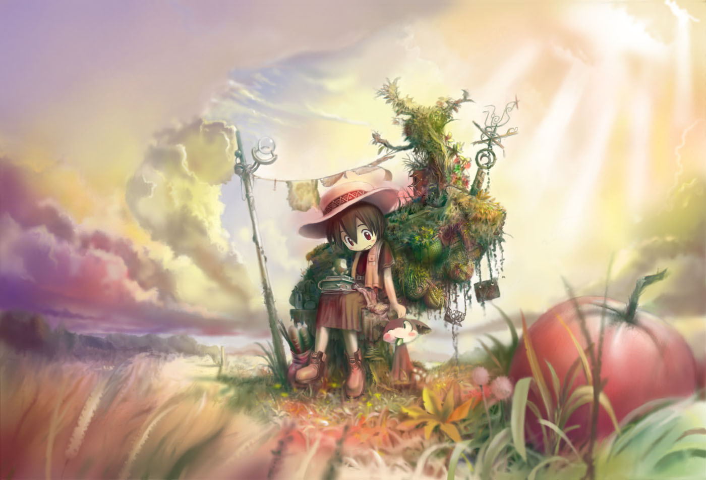 clouds, hat, original, scenic, tsukushi_akihito