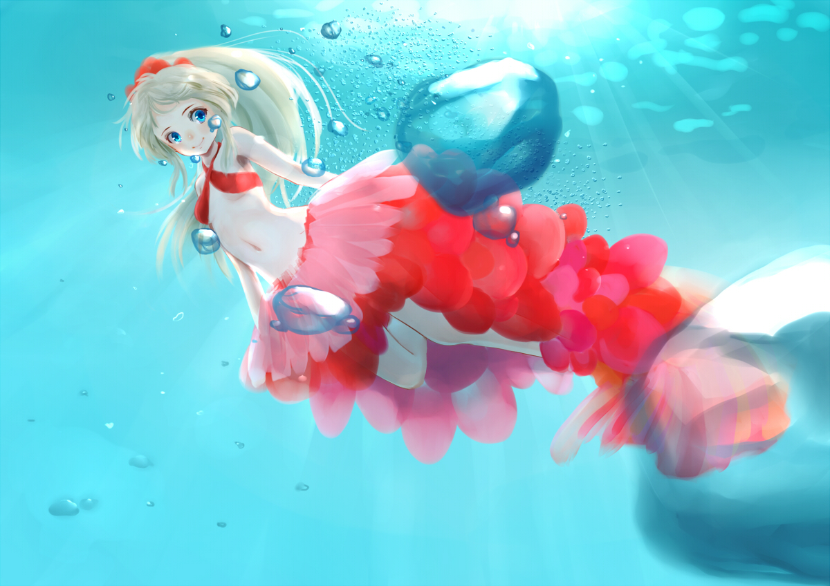 blonde_hair, blue_eyes, blush, bubbles, long_hair, navel, original, ponytail, tera_(teraura), underwater, water