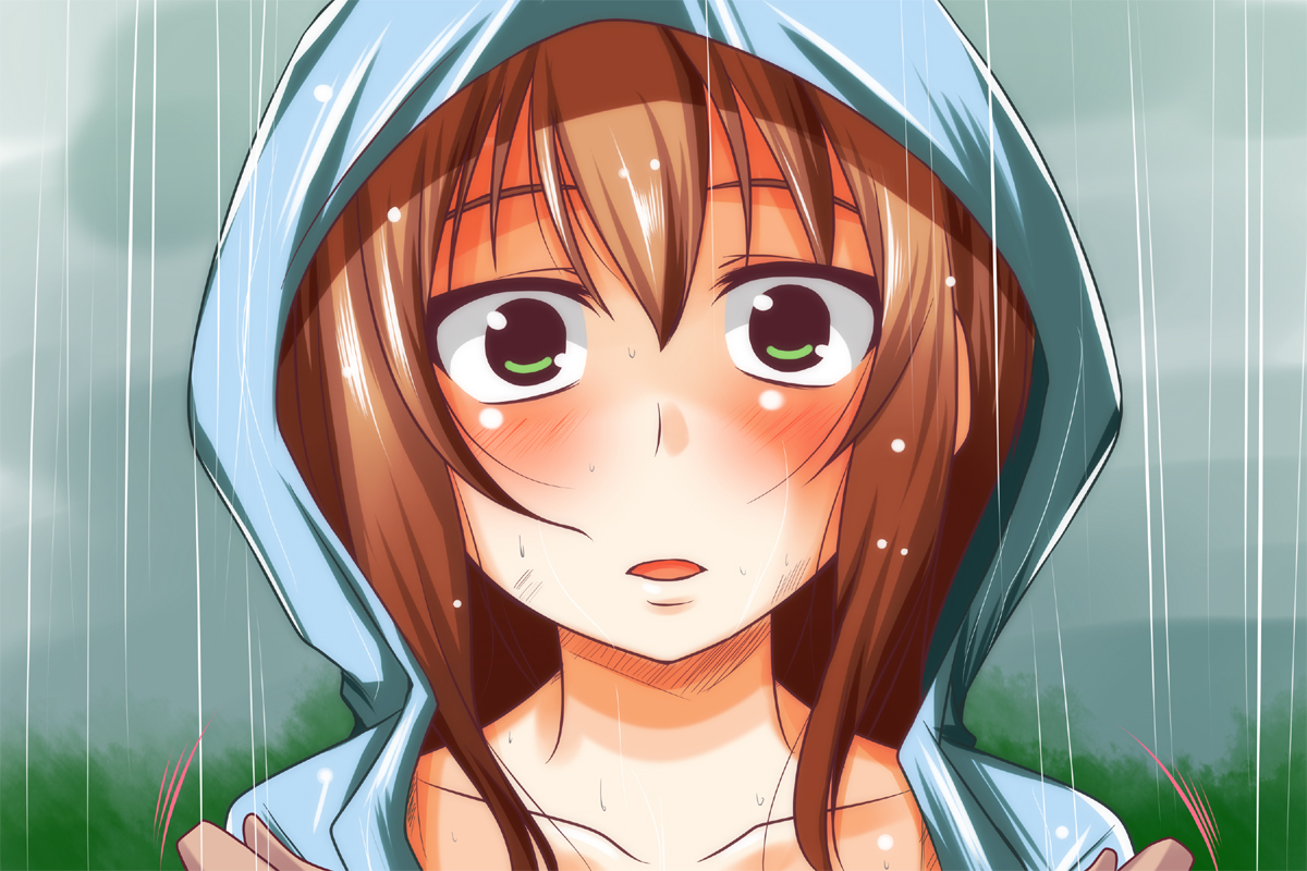 blush, brown_hair, green_eyes, long_hair, nishi_koutarou, original, rain, water