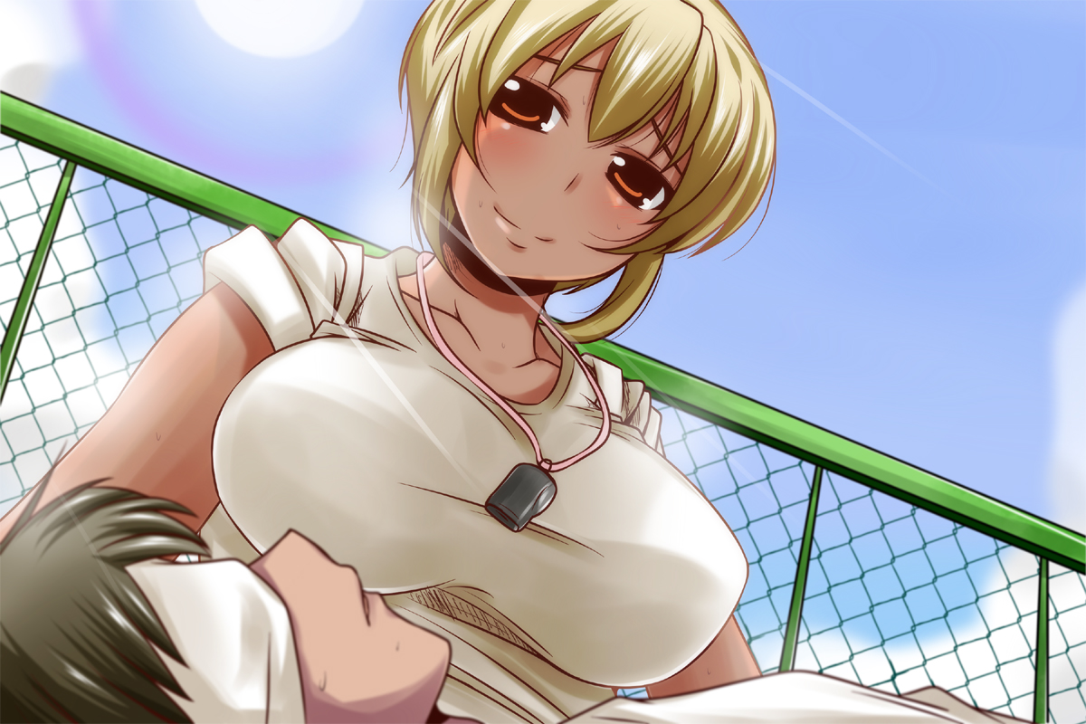 blonde_hair, breasts, brown_eyes, nishi_koutarou, original, short_hair, towel