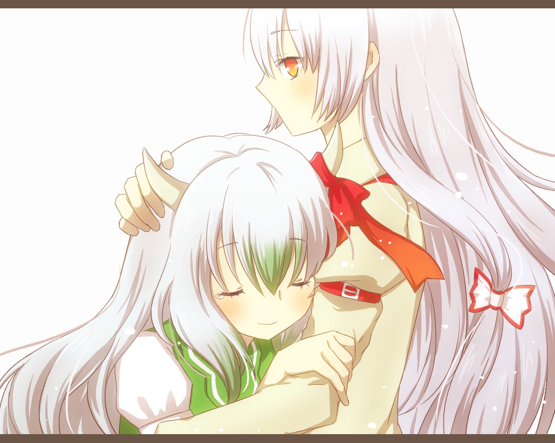 2girls, blush, bow, fujiwara_no_mokou, gray_hair, horns, hug, kamishirasawa_keine, long_hair, onaga, red_eyes, ribbons, tears, touhou, white