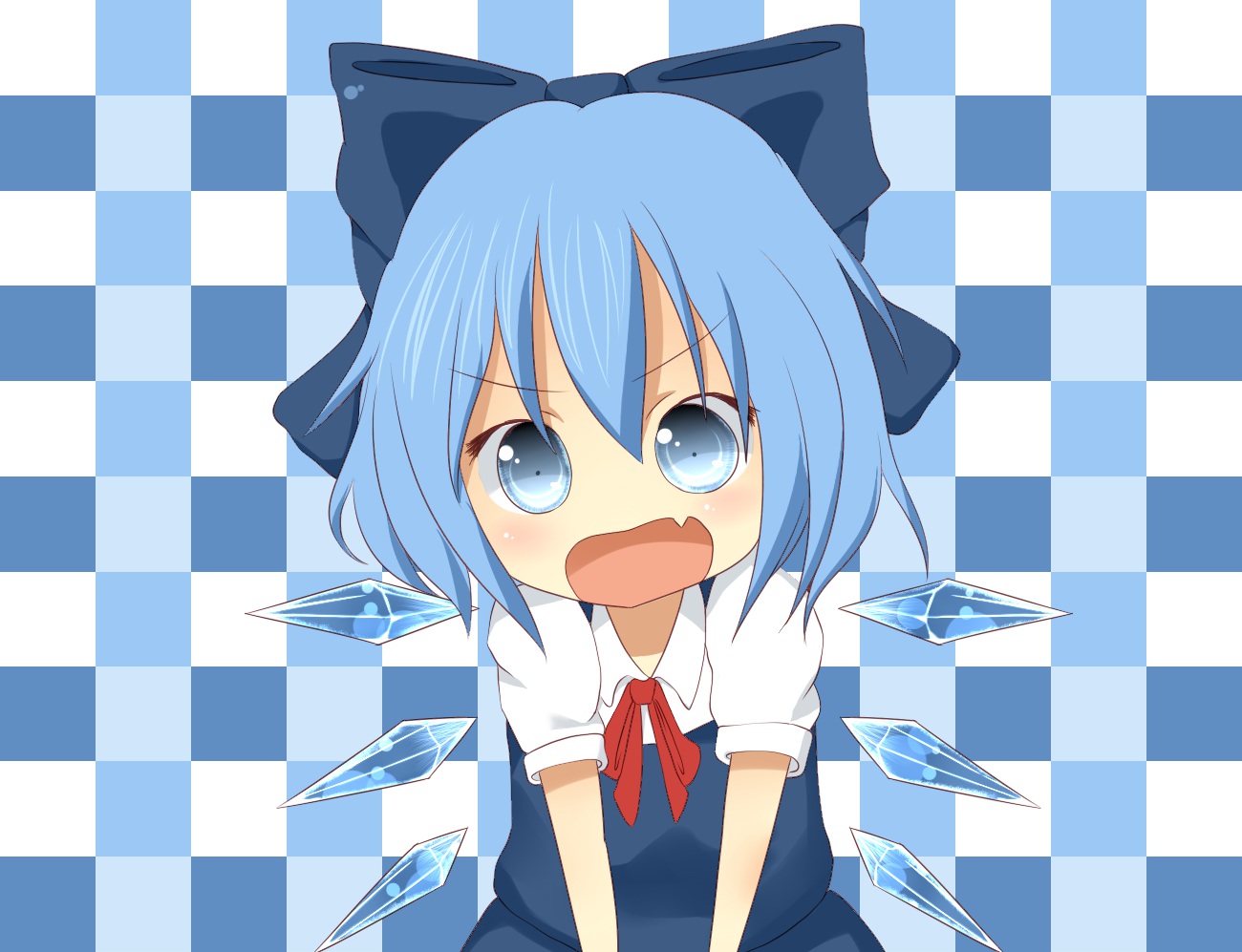 akisha, blue_eyes, blue_hair, bow, cirno, fairy, fang, short_hair