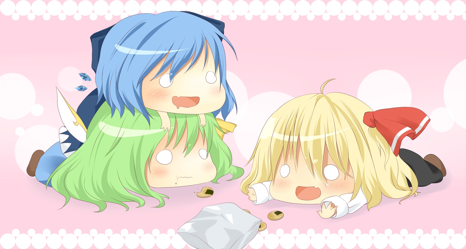 akisha, blonde_hair, blue_hair, blush, bow, chibi, cirno, daiyousei