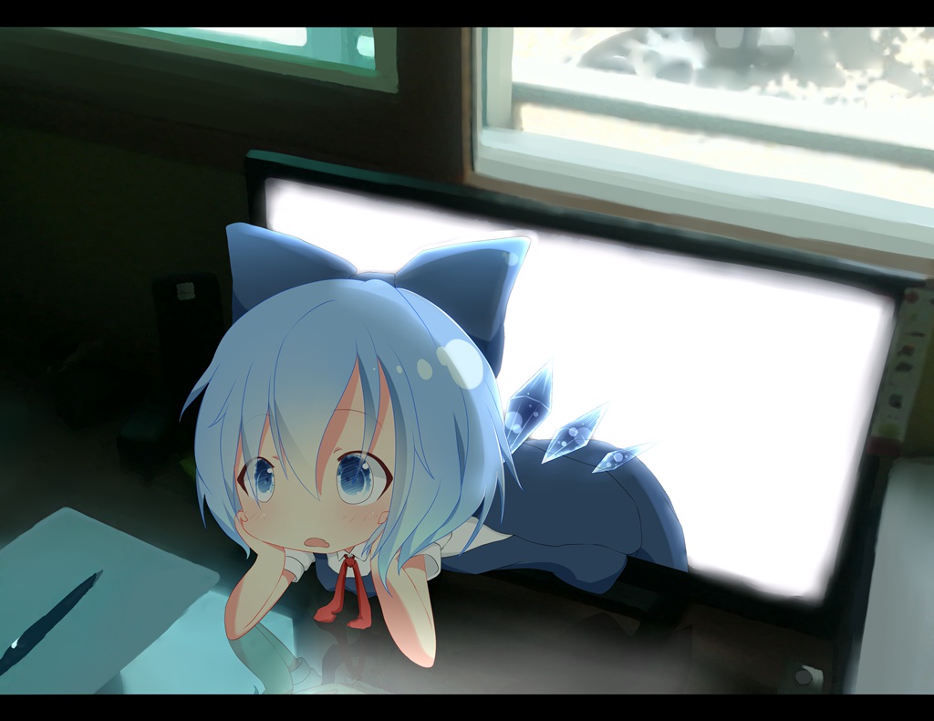 akisha, blue_eyes, blue_hair, bow, cirno, computer, dress, fairy