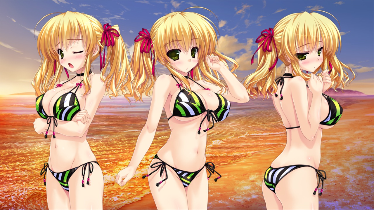 beach, bikini, blonde_hair, blush, breasts, cleavage, clochette, green_eyes, navel, prism_recollection, ribbons, shintaro, swimsuit, twintails, uisaki_hinano, water, wink