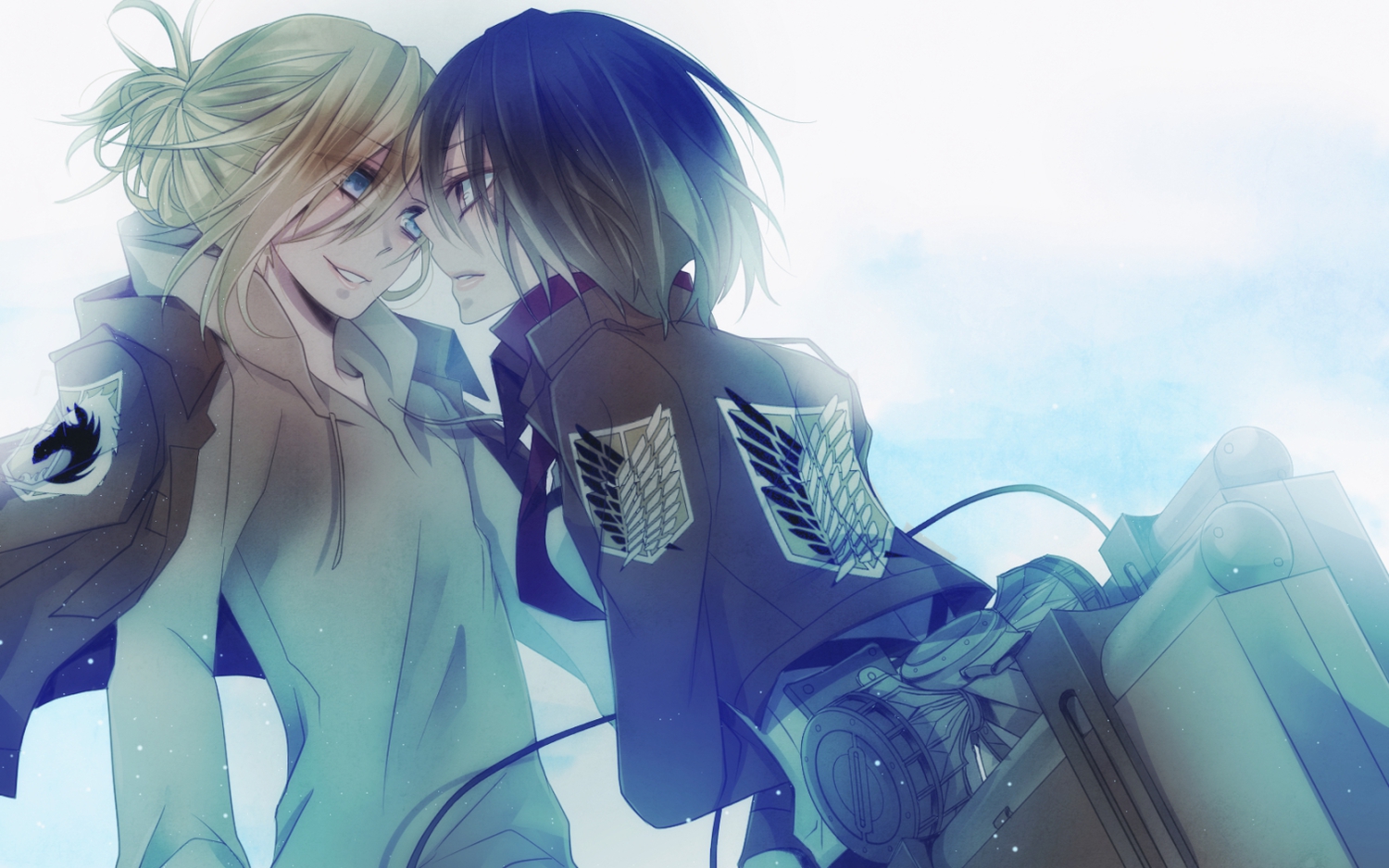 2girls, annie_leonhardt, black_hair, blonde_hair, blue_eyes, mikasa_ackerman, mizuyu, scarf