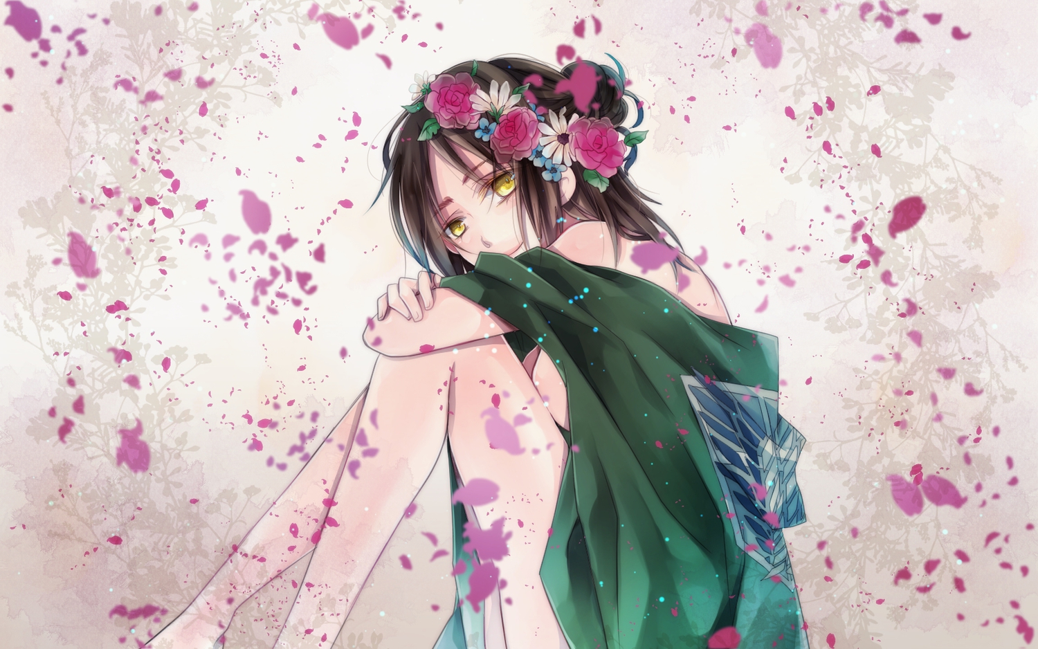 breasts, brown_hair, eren_jaeger, flowers, genderswap, mizuyu, petals, shingeki_no_kyojin, short_hair, yellow_eyes