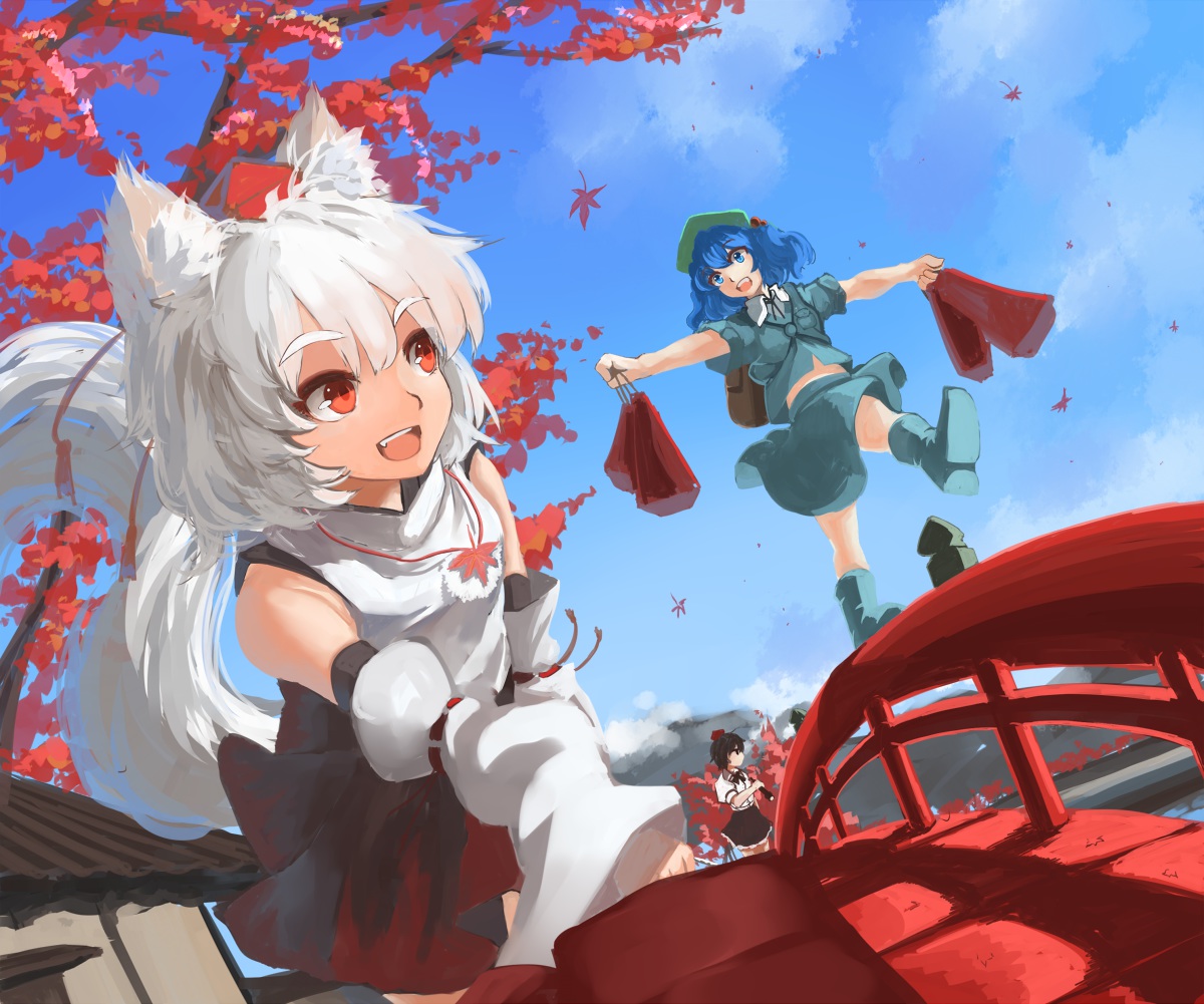 animal_ears, autumn, black_hair, blue_eyes, blue_hair, boots, hat, inubashiri_momiji