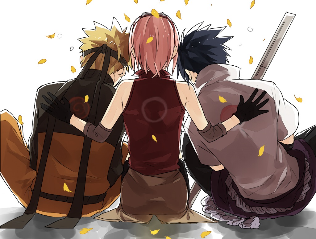 black_hair, blonde_hair, gloves, haruno_sakura, headband, lovemaronmeru0827, male, naruto, naruto_shippuden, petals, pink_hair, short_hair, sword, uchiha_sasuke, uzumaki_naruto, weapon