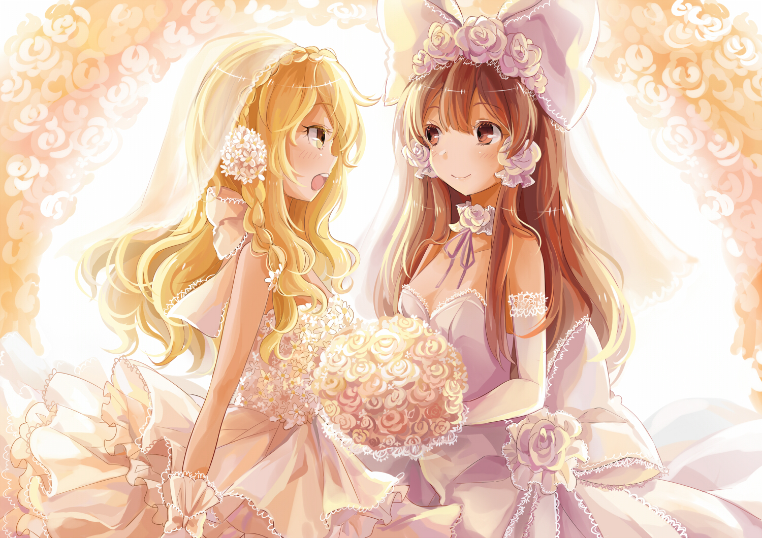 2girls, blonde_hair, blush, bow, brown_eyes, brown_hair, choker, dress, elbow_gloves, flowers, gloves, hakurei_reimu, headdress, kirisame_marisa, long_hair, ribbons, shoujo_ai, sumi_mi, touhou, wedding, wedding_attire, yellow_eyes