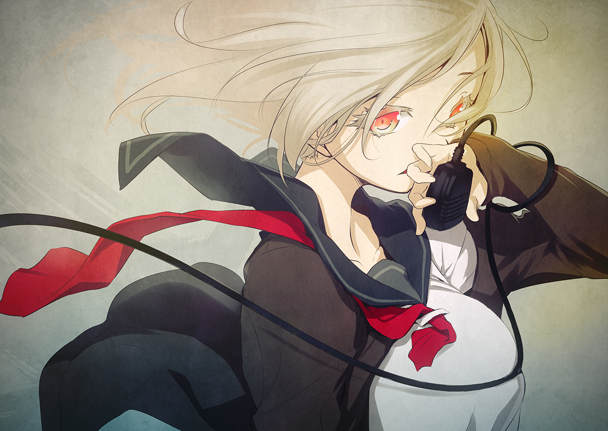 microphone, nilitsu, original, red_eyes, school_uniform, white_hair