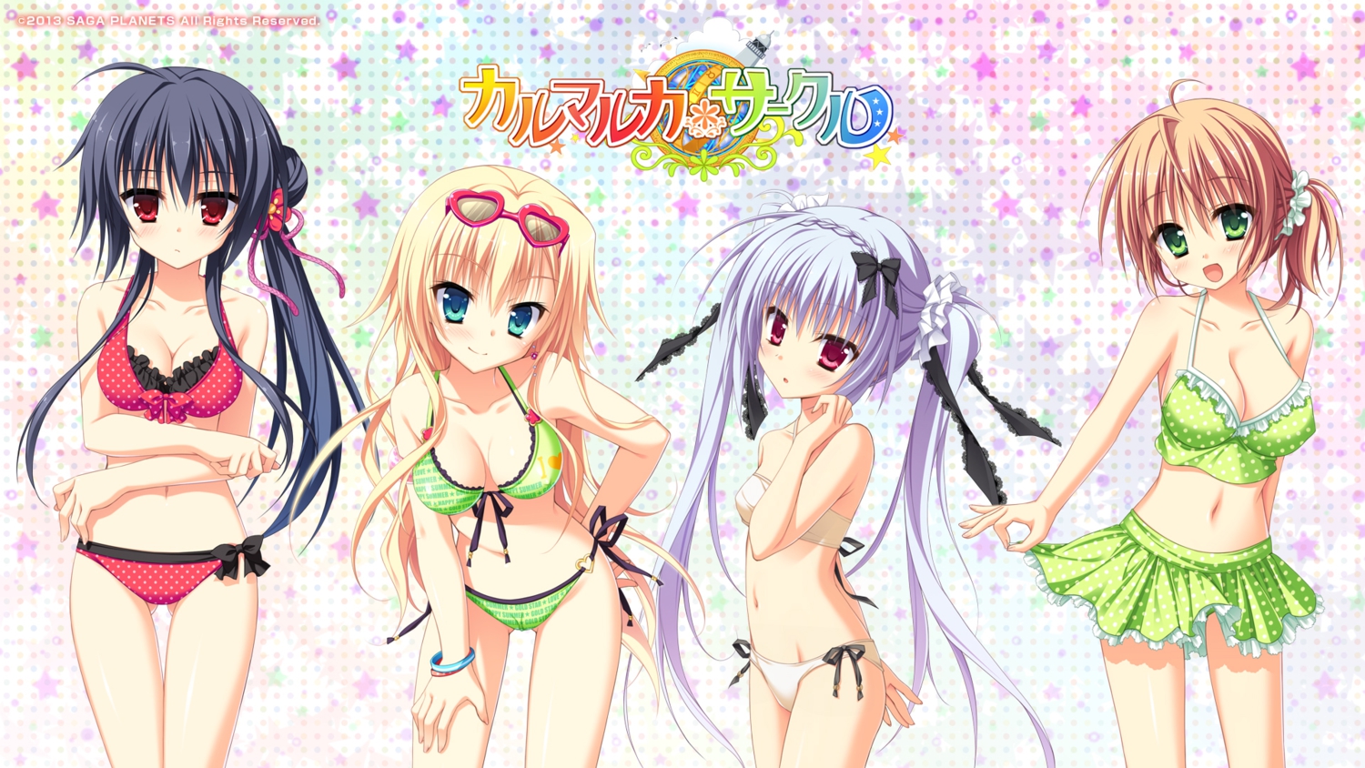 amagase_natsuki, aqua_eyes, asahina_shin, bikini, black_hair, blonde_hair, blush, bow, breasts, cleavage, glasses, green_eyes, hontani_kanae, karumaruka_circle, logo, long_hair, natsume_koyomi, navel, otone_nicole, ponytail, purple_eyes, red_eyes, ribbons, saga_planets, short_hair, swimsuit, toranosuke, twintails, watermark, white_hair