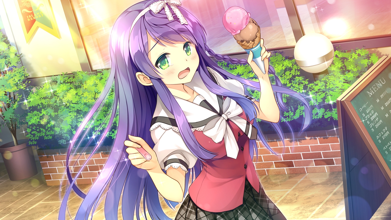 blush, bow, braids, daikou_wakako, food, game_cg, green_eyes, headband