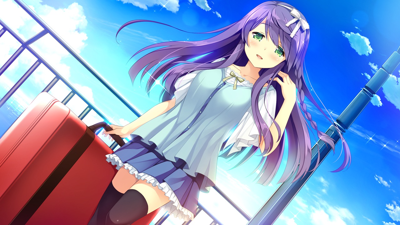 blush, braids, clouds, daikou_wakako, game_cg, green_eyes, headband, hearts_(company), koi_saku_miyako_ni_ai_no_yakusoku_wo_~annaffiare~, long_hair, natsume_eri, purple_hair, skirt, sky, thighhighs