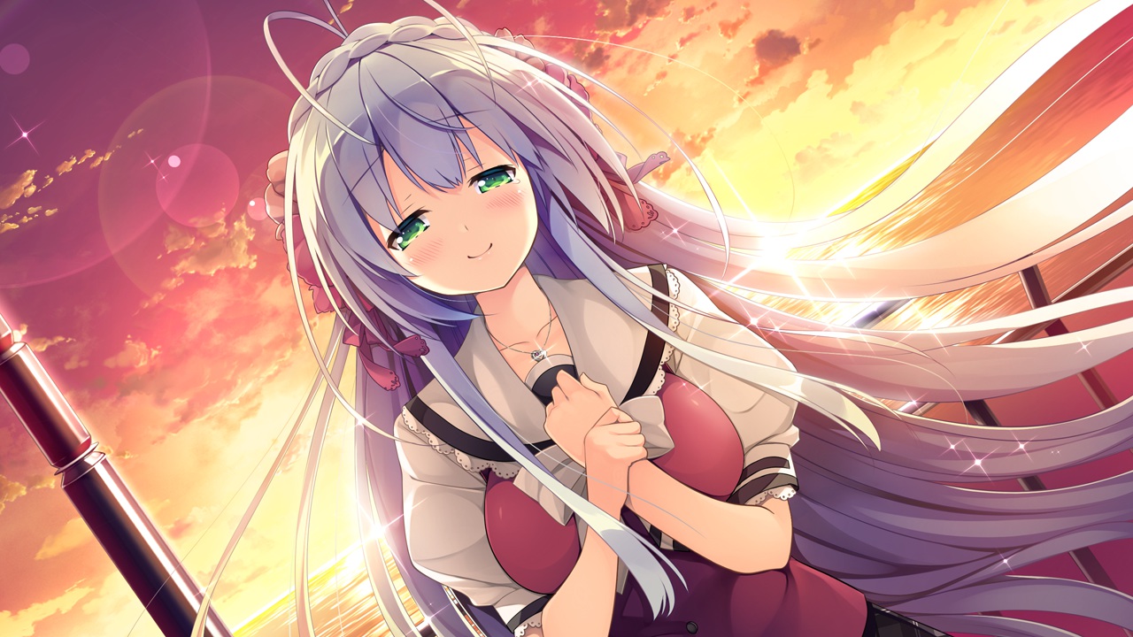 blue_hair, blush, braids, clouds, game_cg, green_eyes, hearts_(company), koi_saku_miyako_ni_ai_no_yakusoku_wo_~annaffiare~