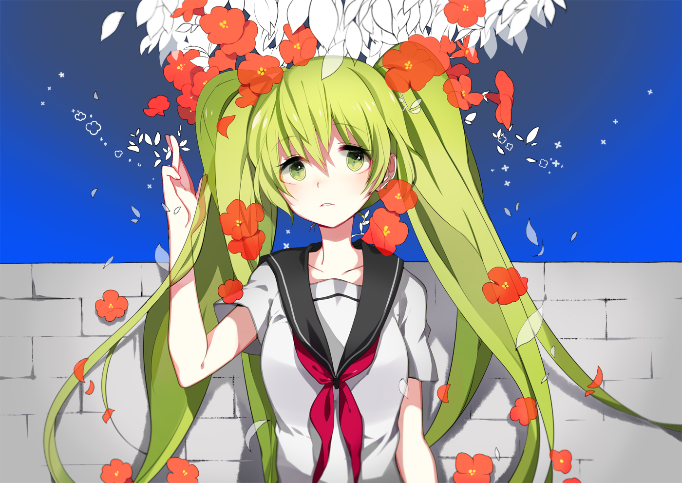 dasulchan, flowers, green_eyes, green_hair, hatsune_miku, long_hair, petals, school_uniform, twintails, vocaloid