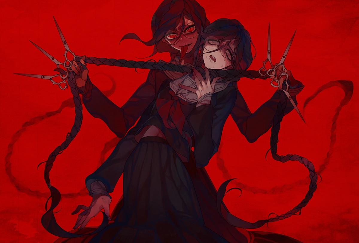 black_hair, braids, dangan-ronpa, fukawa_touko, glasses, gray_eyes, long_hair, red, red_eyes, rohit_(dearest24), school_uniform, weapon