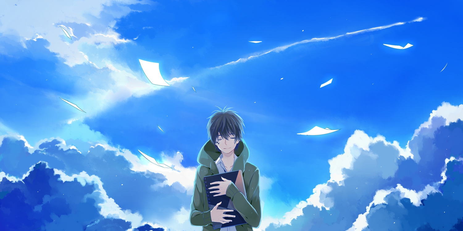 all_male, black_hair, book, clouds, jiman, kagerou_project, kokonose_haruka, male