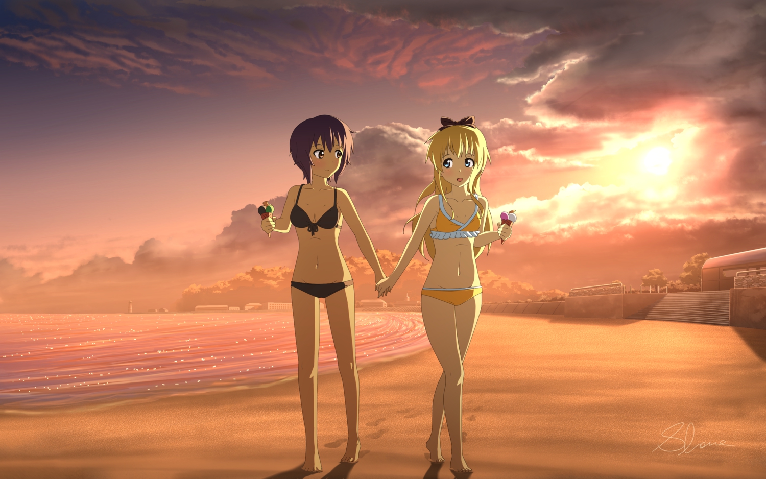 2girls, aliasing, beach, bikini, black_hair, blonde_hair, blue_eyes, blush