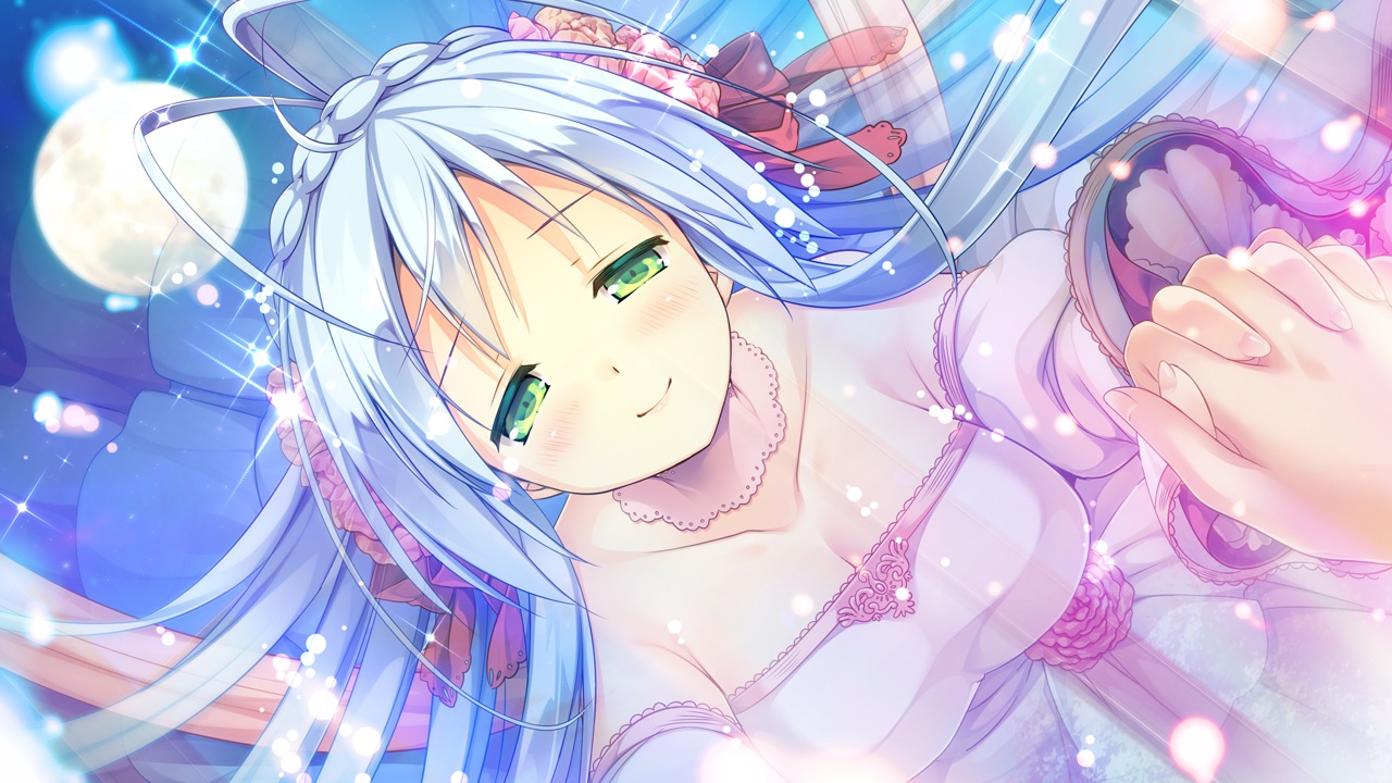 blue_hair, blush, braids, breasts, choker, cleavage, dress, game_cg