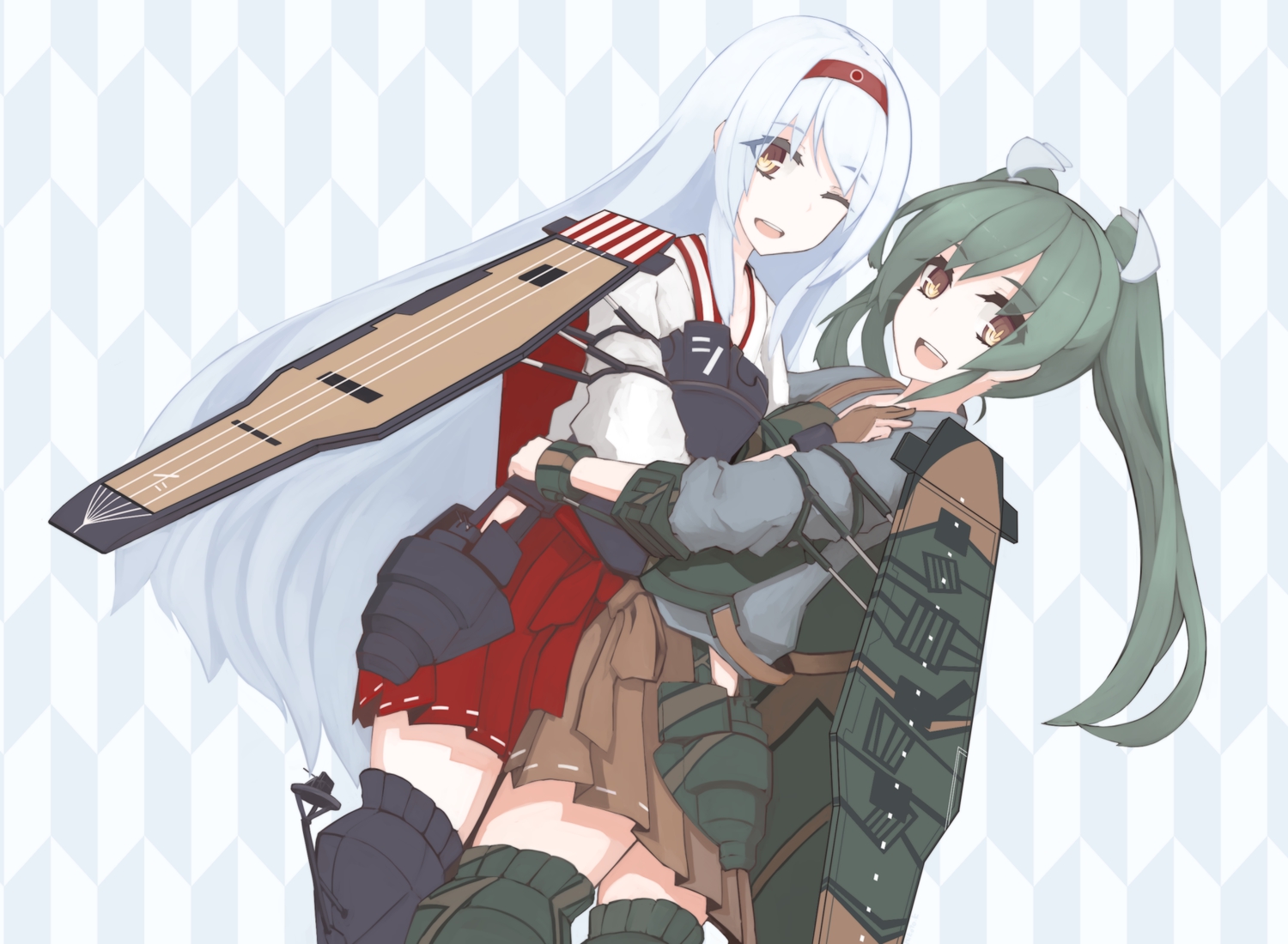 2girls, amagimikoto, anthropomorphism, armor, blush, brown_eyes, gloves, green_hair, headband, hug, japanese_clothes, kantai_collection, long_hair, ribbons, shoukaku_(kancolle), skirt, thighhighs, twintails, white_hair, wink, zuikaku_(kancolle)
