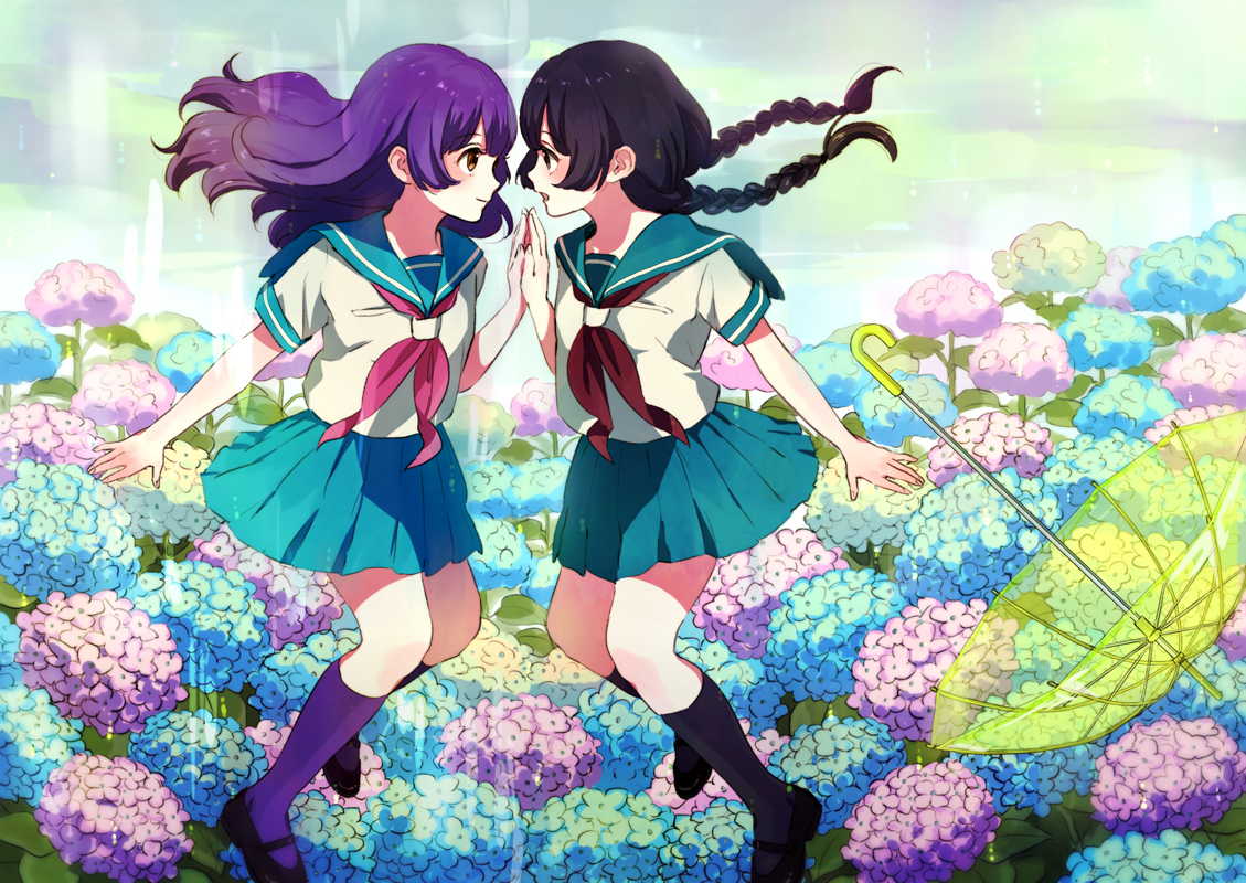 2girls, akiyamabc, black_hair, braids, flowers, kneehighs, long_hair, orange_eyes, original, purple_hair, school_uniform, shoujo_ai, skirt, umbrella