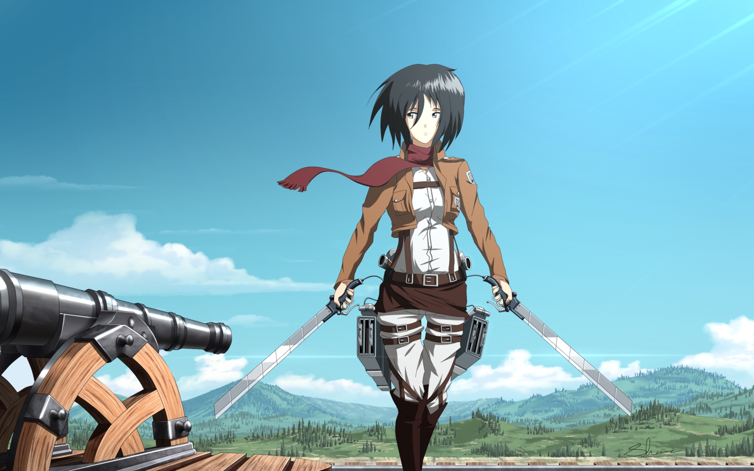 aliasing, black_eyes, black_hair, boots, forest, landscape, mikasa_ackerman, scarf