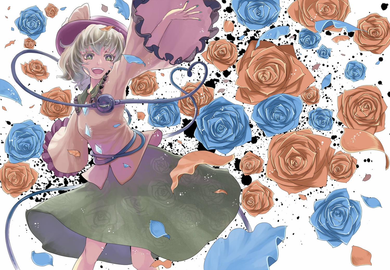 dress, flowers, green_eyes, green_hair, hat, komeiji_koishi, maki_(huran), petals, rose, short_hair, touhou