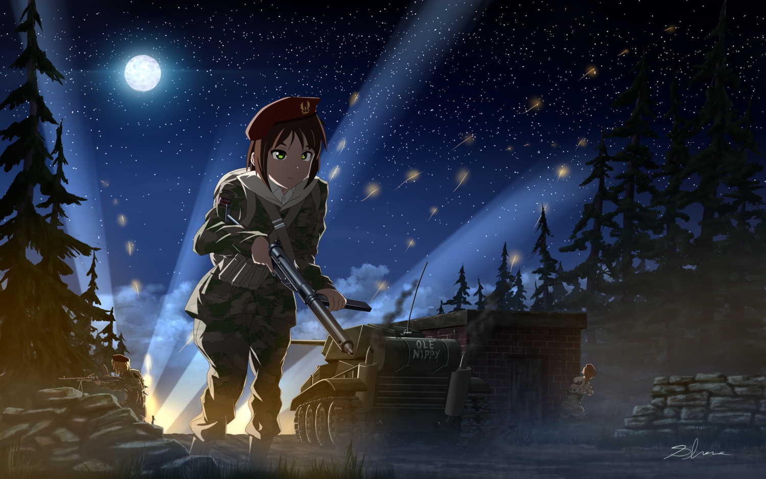 aliasing, brown_hair, forest, green_eyes, gun, hat, moon, night