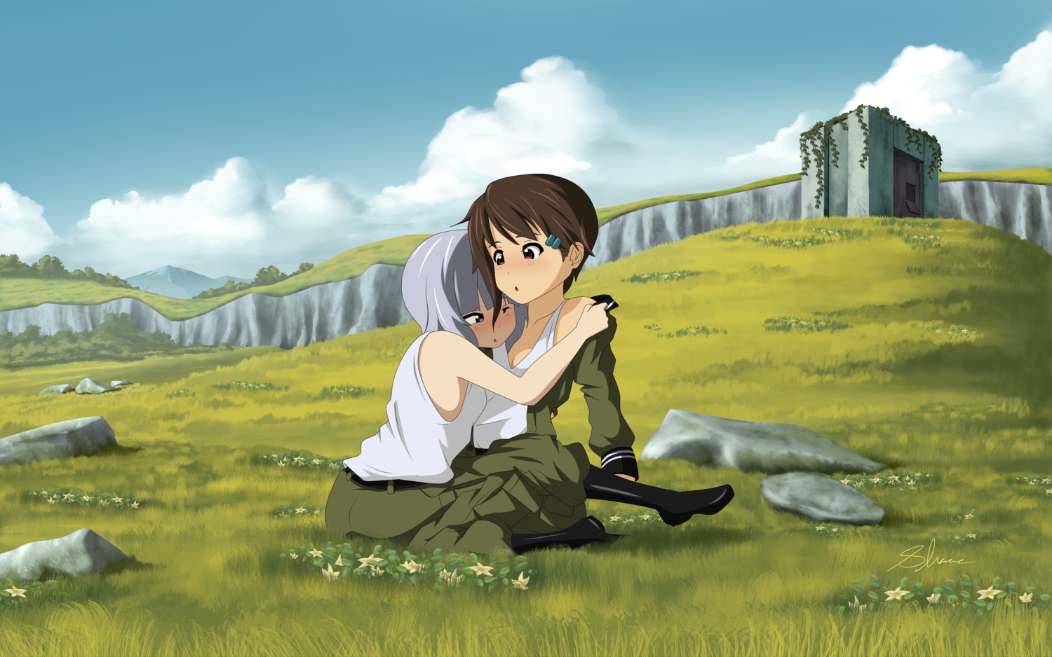 2girls, aliasing, blush, boots, brown_eyes, brown_hair, clouds, flowers