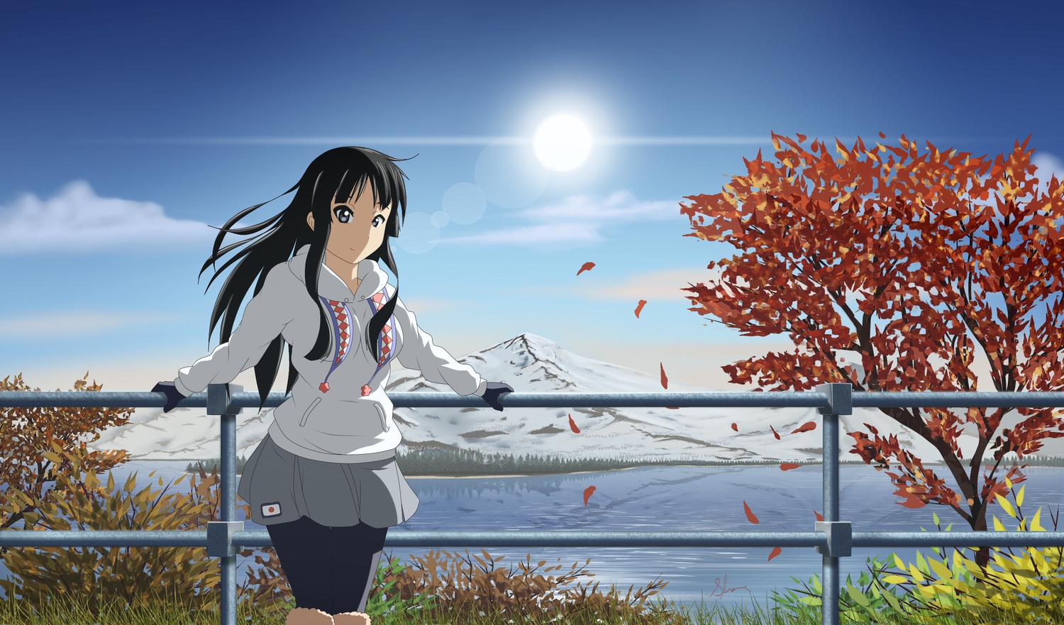 akiyama_mio, aliasing, autumn, black_hair, gloves, gray_eyes, k-on!, leaves, long_hair, scenic, shane_owen_(artist), signed, skirt, sky, tree, water
