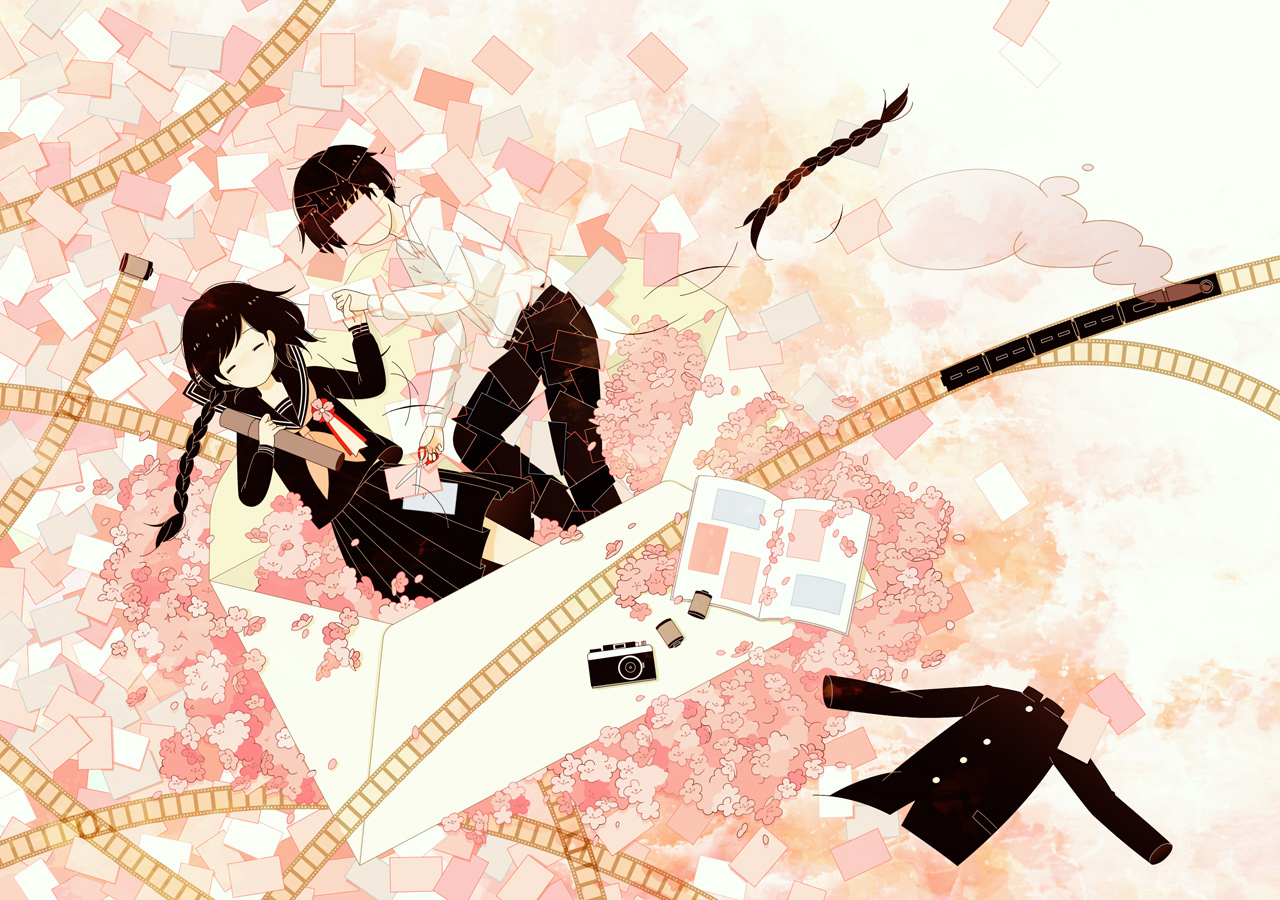 braids, brown_hair, camera, flowers, long_hair, original, paper, school_uniform, short_hair, skirt, super_normal, train