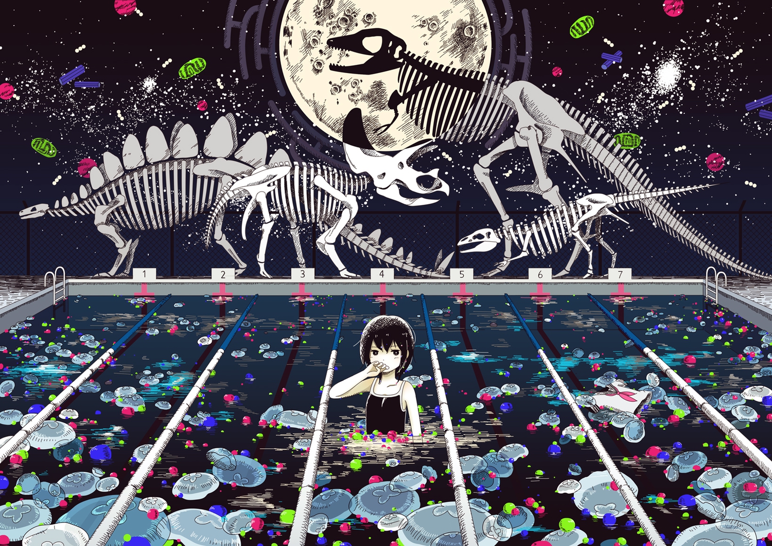 animal, black_eyes, black_hair, bones, moon, night, original, pool, short_hair, skull, super_normal, swimsuit, water