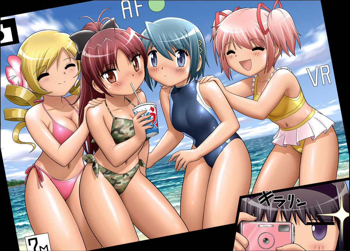 akemi_homura, bikini, black_hair, blonde_hair, blue_eyes, blue_hair, blush, bow