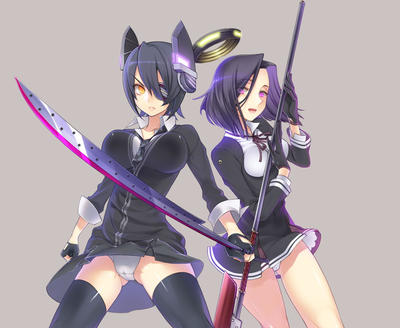 2girls, anthropomorphism, black_hair, cameltoe, eyepatch, gloves, halo, kantai_collection, panties, pink_eyes, purple_hair, short_hair, spear, sword, tatsuta_(kancolle), tenryuu_(kancolle), thighhighs, tie, underwear, weapon, yellow_eyes, yuasa_akira