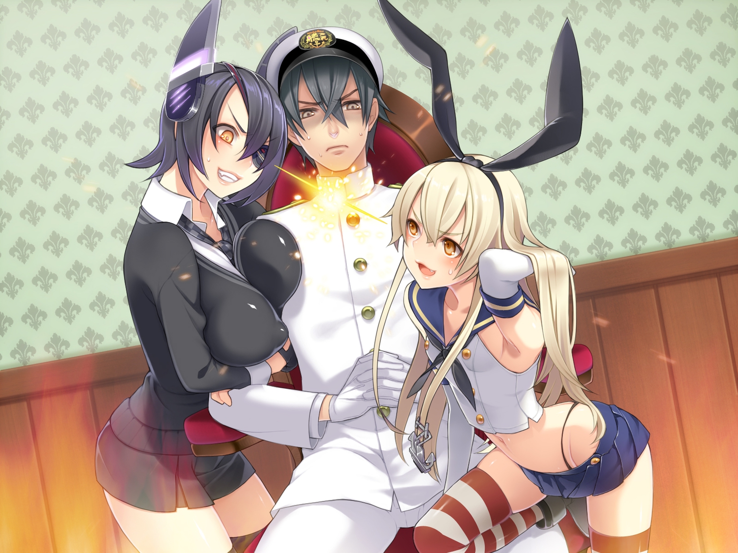 admiral_(kancolle), anthropomorphism, black_hair, blonde_hair, breast_hold, breasts, elbow_gloves, eyepatch, flat_chest, gloves, hat, headband, kantai_collection, long_hair, male, navel, shimakaze_(kancolle), short_hair, skirt, tenryuu_(kancolle), thighhighs, uniform, yellow_eyes, yuasa_akira, zettai_ryouiki