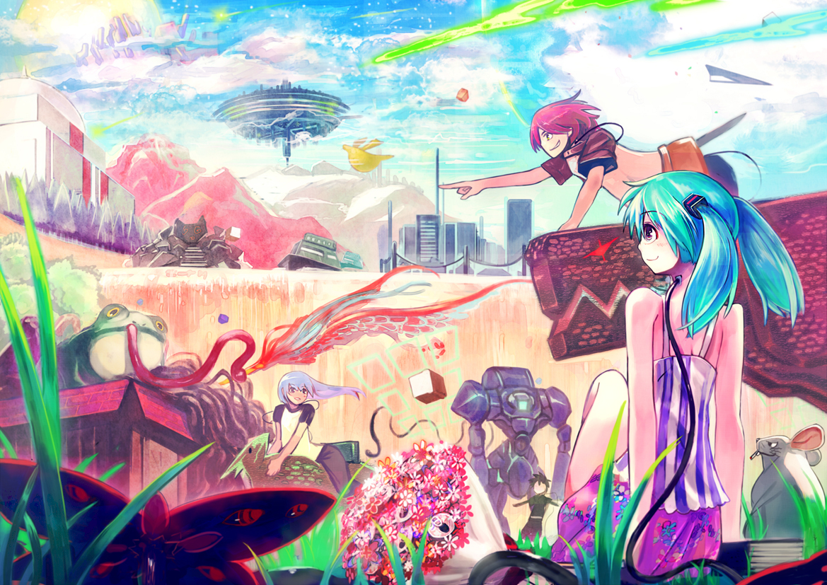 animal, aqua_hair, butterfly, flowers, frog, hatsune_miku, jinichi, long_hair