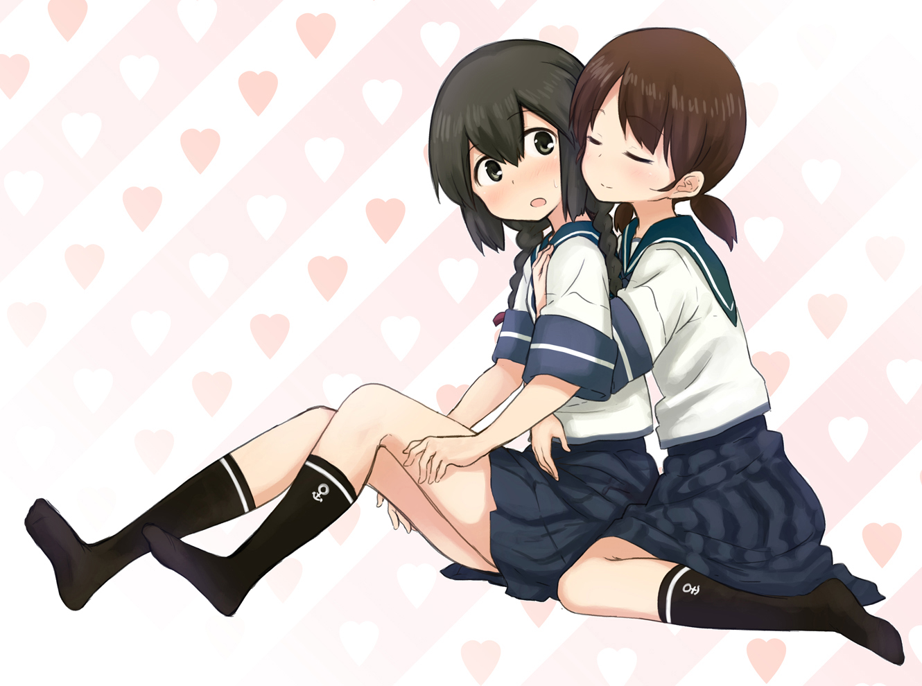 2girls, abe_kanari, anthropomorphism, black_eyes, black_hair, blush, braids, brown_hair