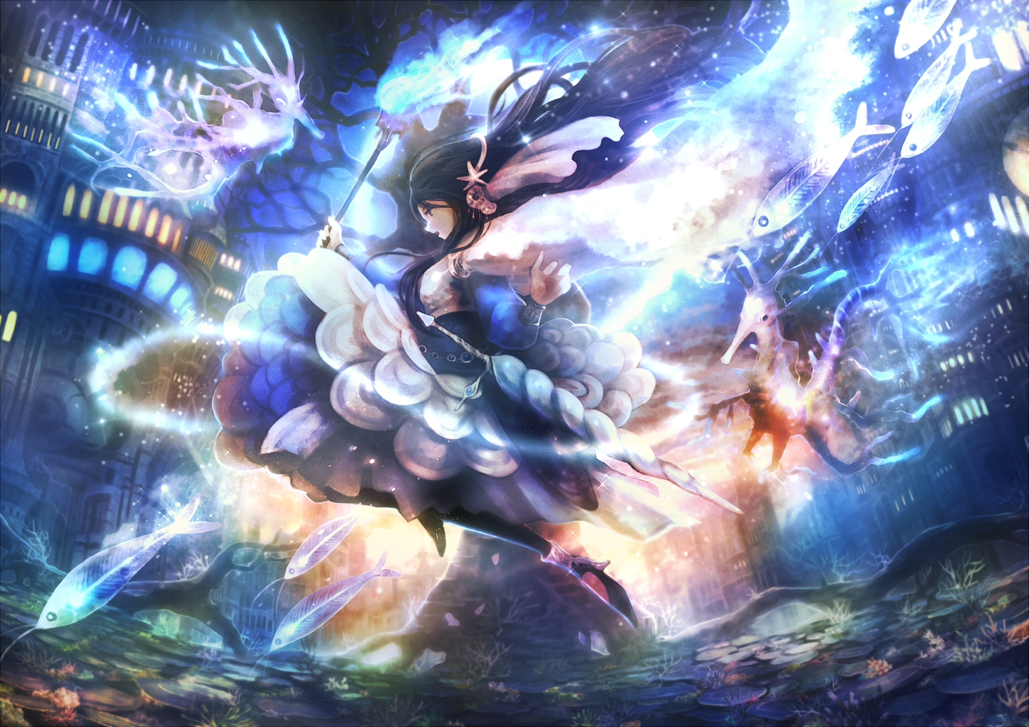 animal, black_hair, city, dress, fish, long_hair, original, sui_(petit_comet), sword, weapon