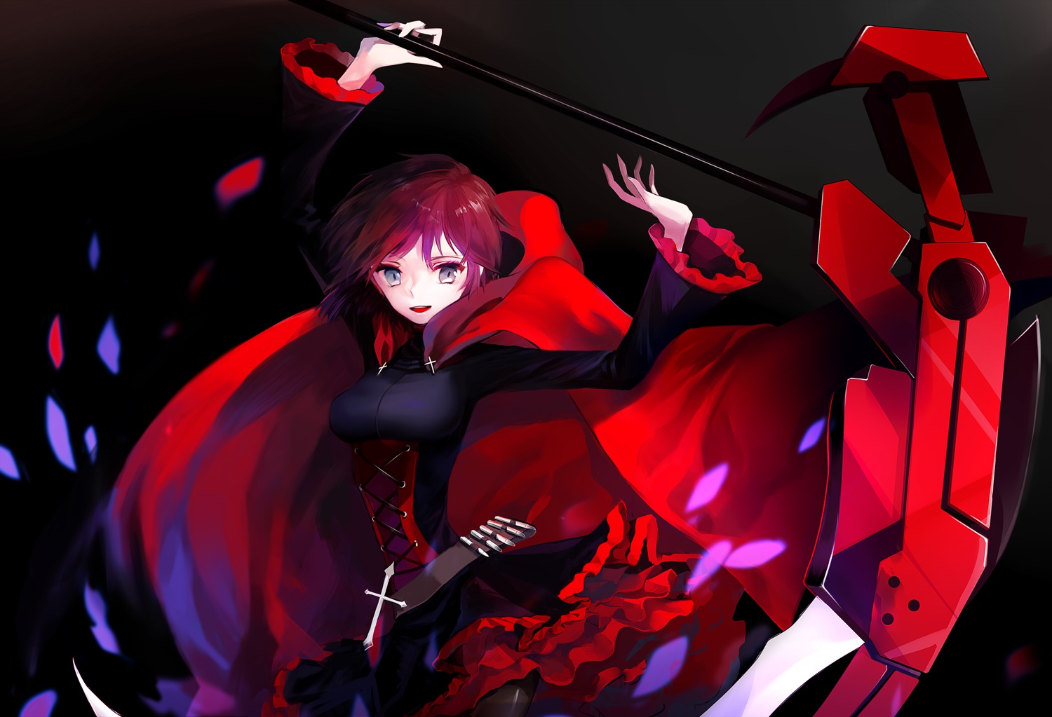 cape, cross, dress, gray_eyes, judy6241, pantyhose, petals, red_hair, ruby_rose, rwby, scythe, short_hair, weapon